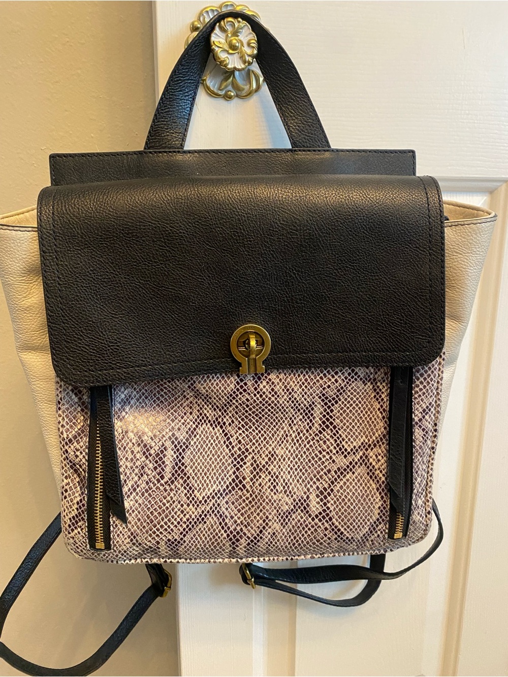 Fossil Black and Cream Snake-Print Backpack with Gold Hardware